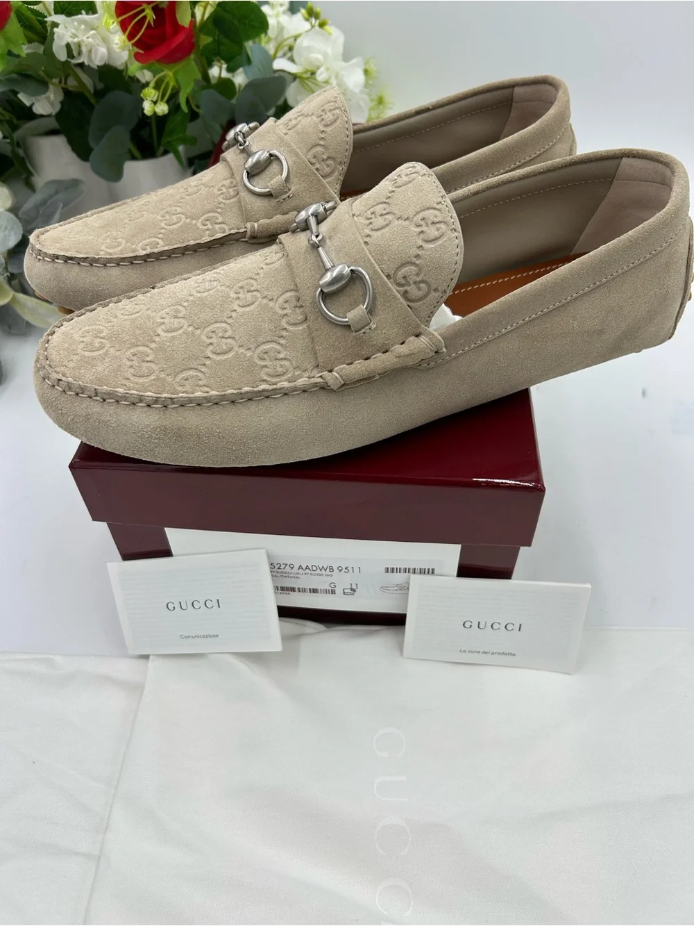 Men's Gucci, GG embossed suede driver loafers size 11 fits 12 US made in Italy